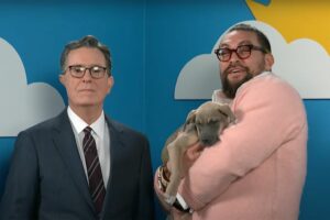 Jason Momoa and Stephen Colbert cuddling rescue dogs is important viewing